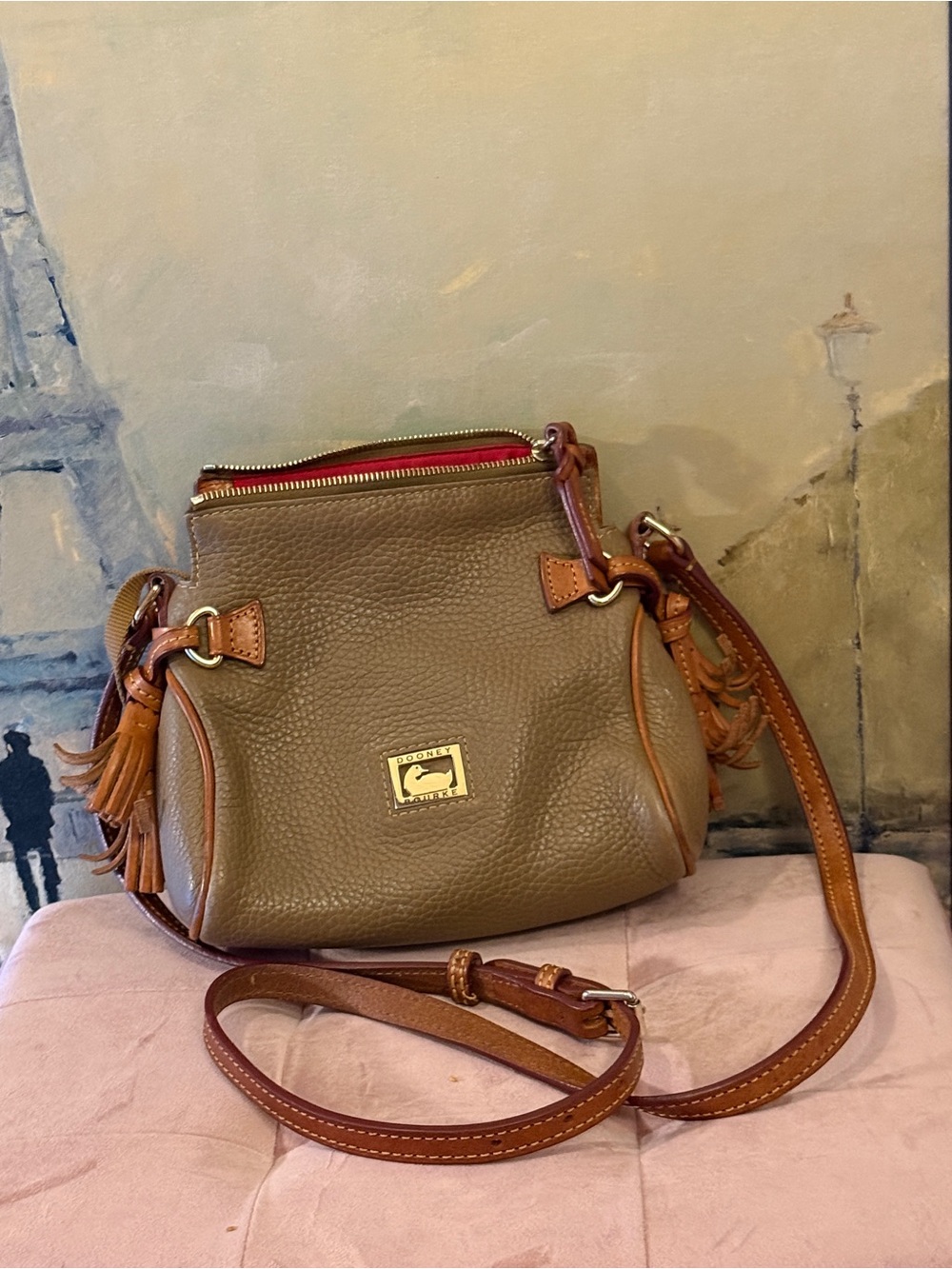 Dooney & Bourke Vintage Taupe and Chestnut Pebbled Leather Crossbody Bag